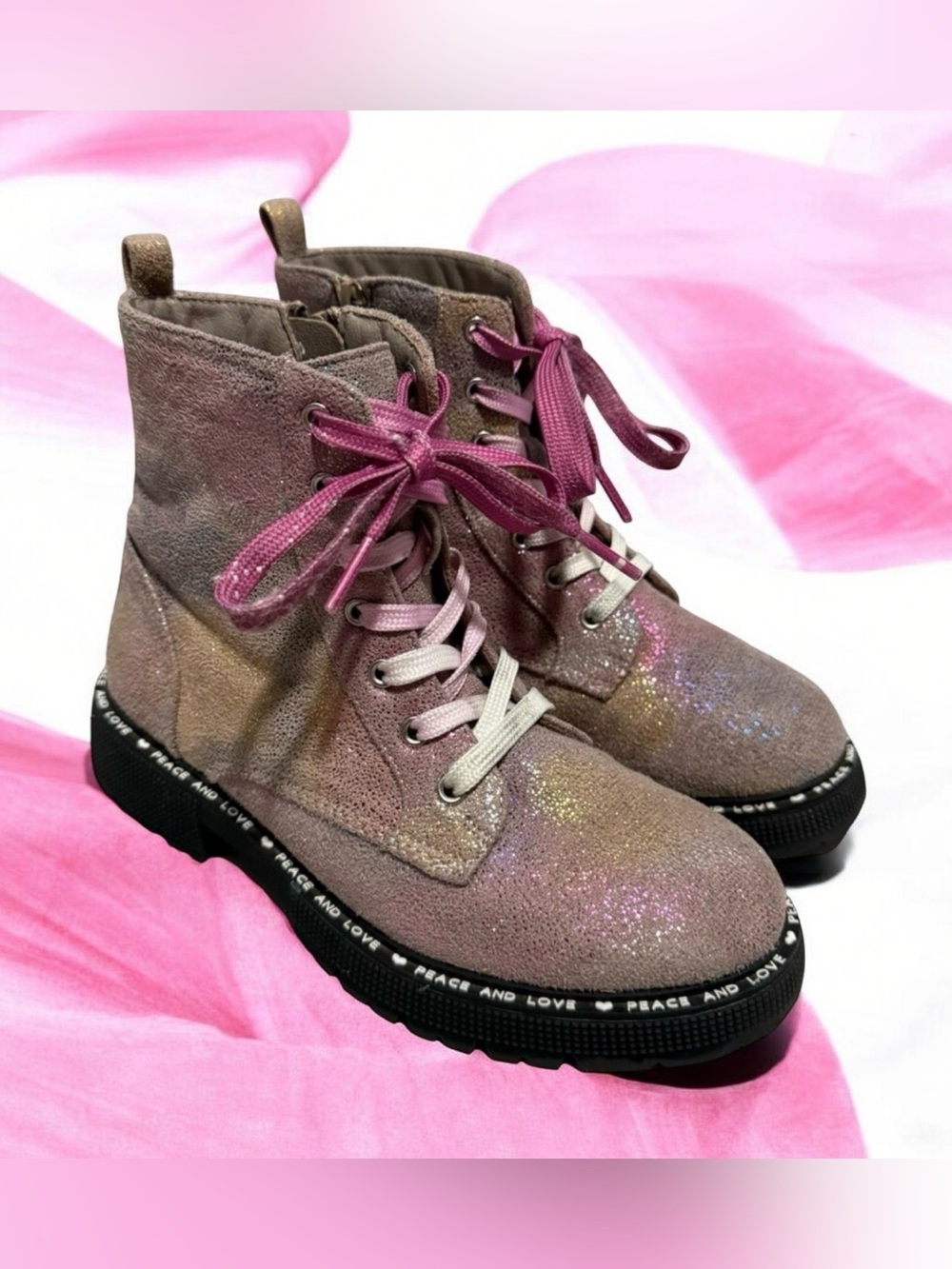 Steve Madden Girls Wordle Combat Boots in Metallic Glitter Size 2